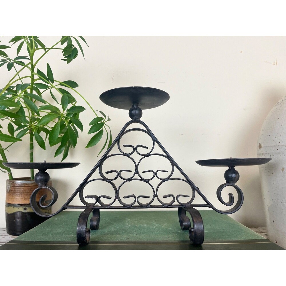 Vintage Rustic Cast Iron 3 Tier Primitive Candle Candlelabra 14" x 7" Decor